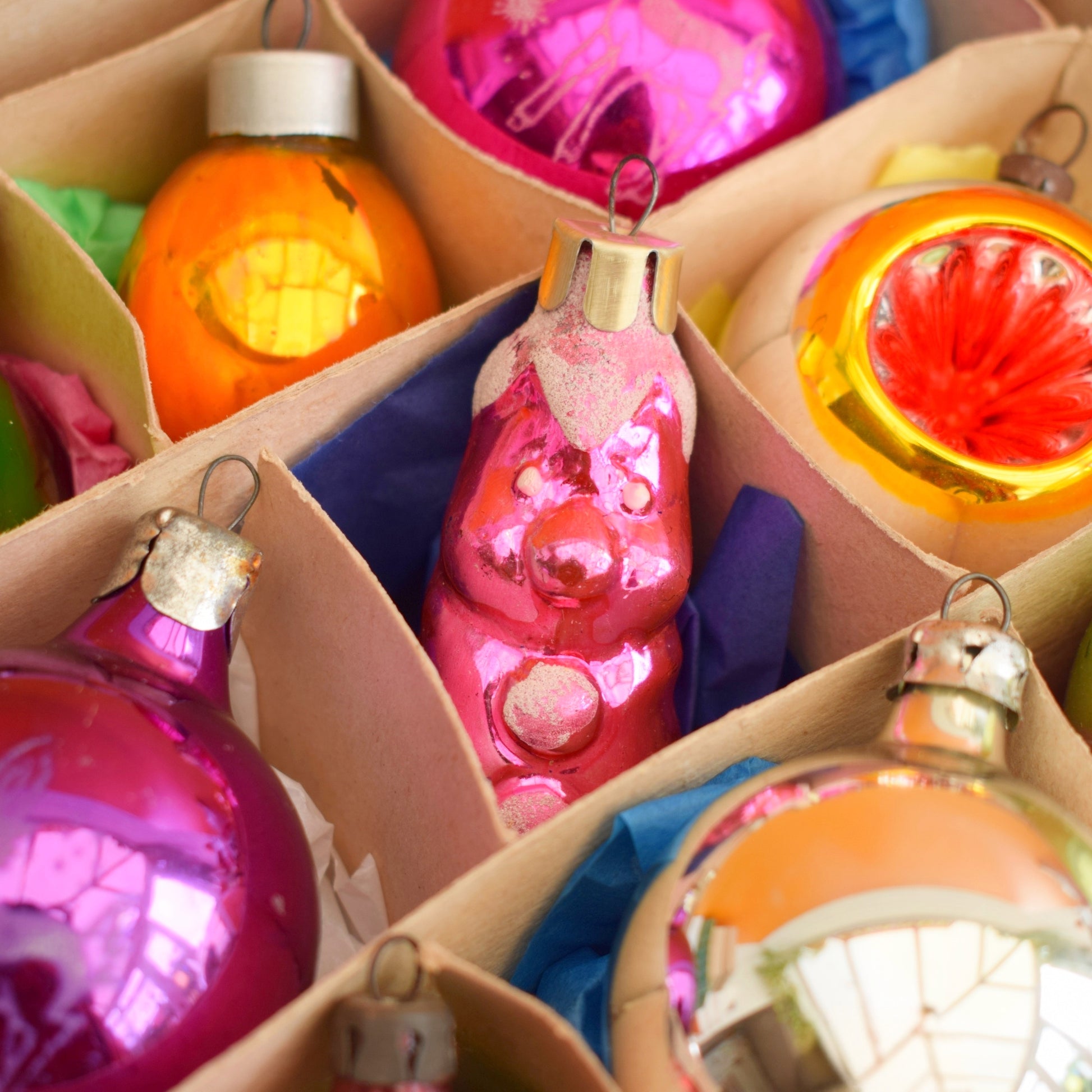 Vintage Mixed 1960s Glass Christmas Baubles - Boxed - Brights by Pineapple Retro