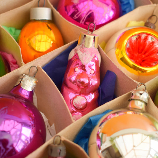 Vintage Mixed 1960s Glass Christmas Baubles - Boxed - Brights by Pineapple Retro