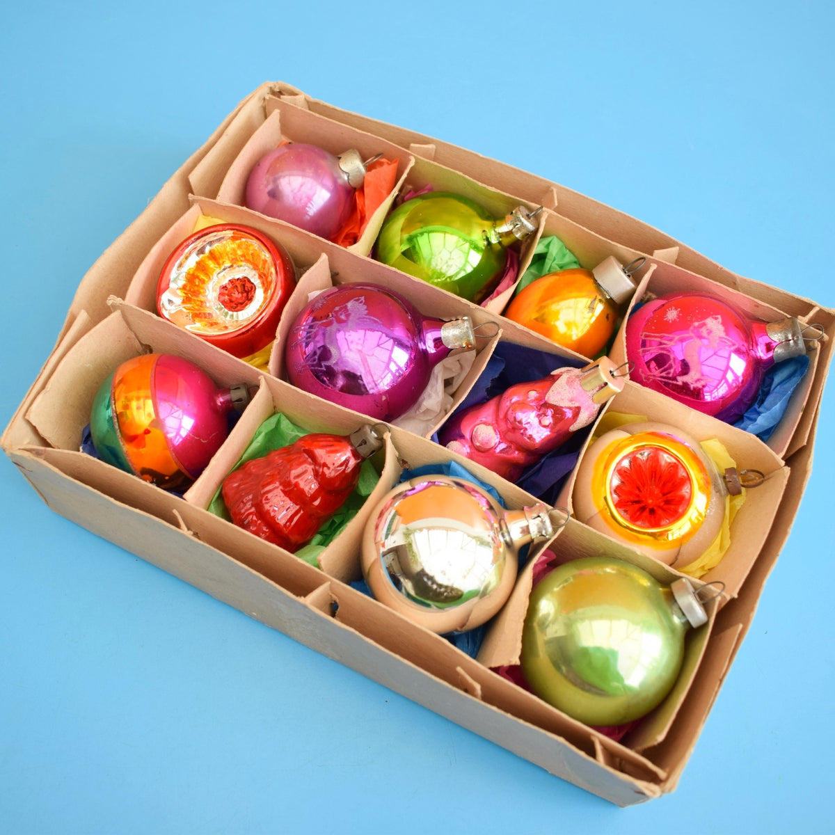 Vintage Mixed 1960s Glass Christmas Baubles - Boxed - Brights by Pineapple Retro