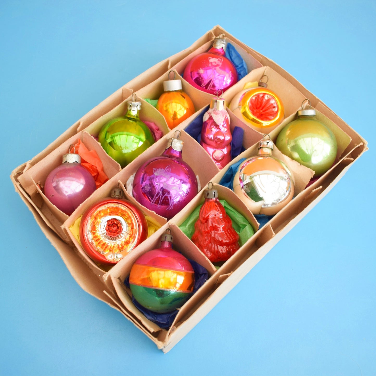Vintage Mixed 1960s Glass Christmas Baubles - Boxed - Brights by Pineapple Retro