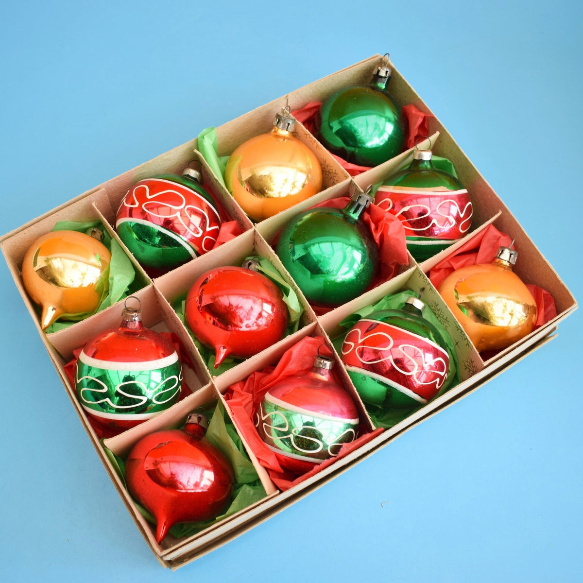 Vintage 1970s Glass Christmas Baubles - Boxed - Red, Green & Gold by Pineapple Retro