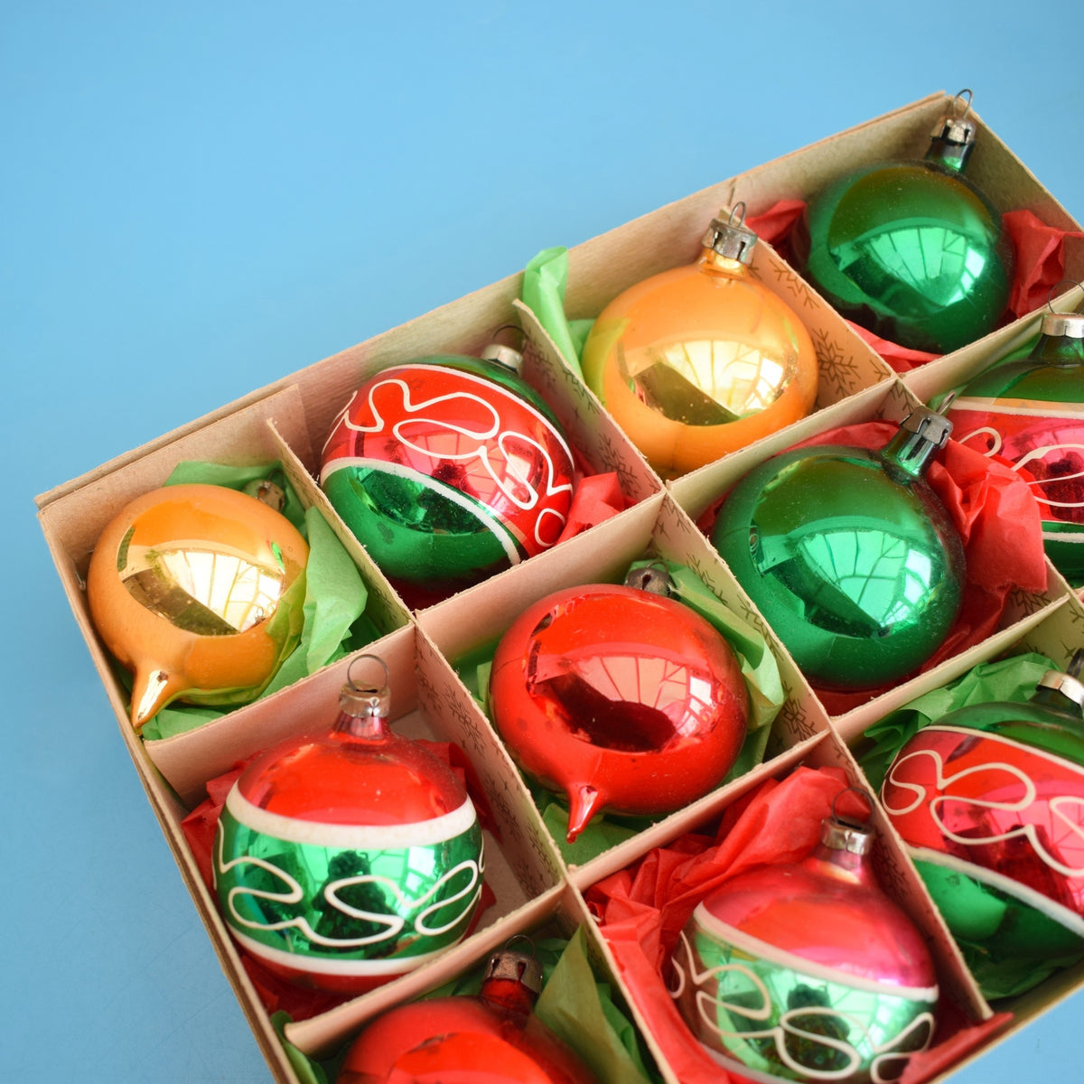 Vintage 1970s Glass Christmas Baubles - Boxed - Red, Green & Gold by Pineapple Retro