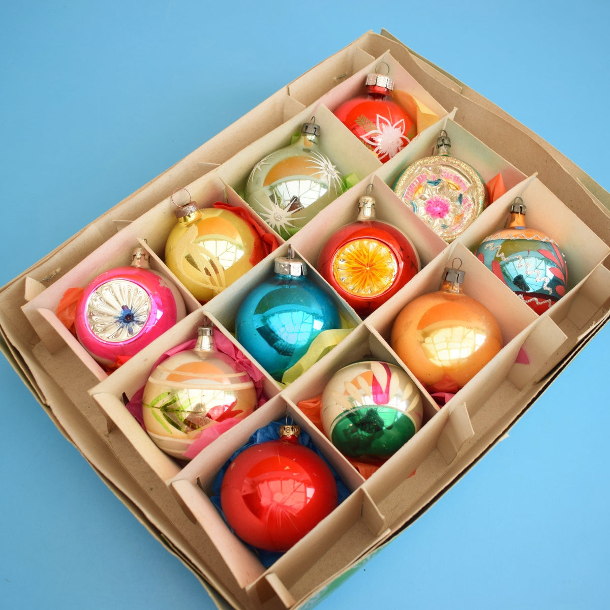 Vintage Mixed 1960s Glass Christmas Baubles - Boxed - Mediums by Pineapple Retro