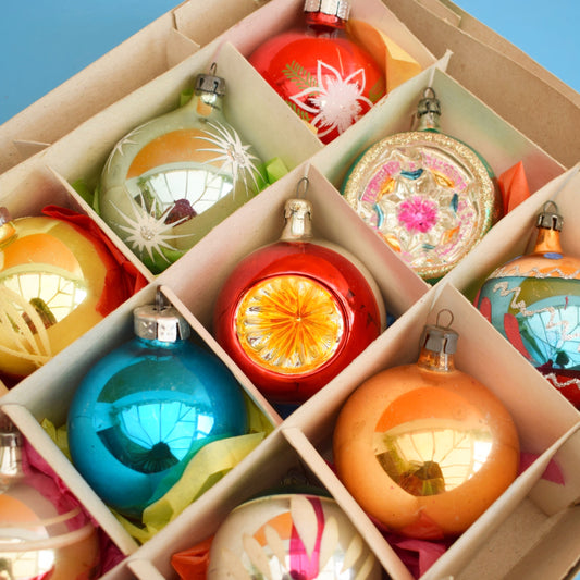Vintage Mixed 1960s Glass Christmas Baubles - Boxed - Mediums by Pineapple Retro