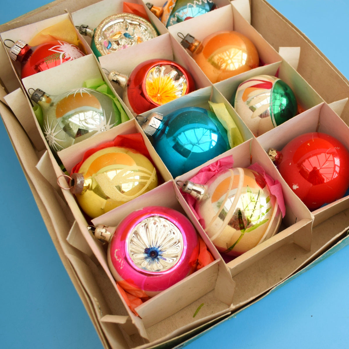 Vintage Mixed 1960s Glass Christmas Baubles - Boxed - Mediums by Pineapple Retro