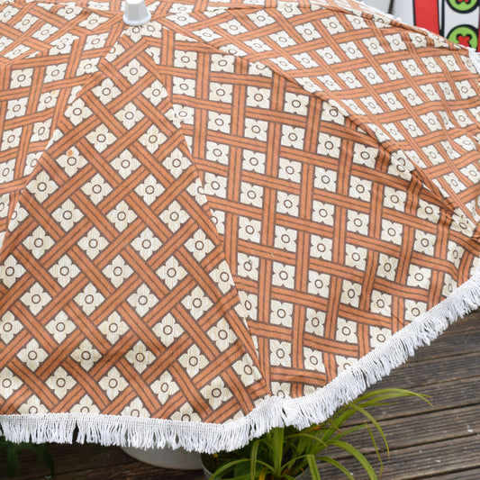 Vintage 1980s Garden Parasol - Brown & White flowers