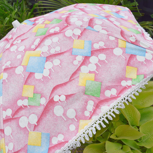 Vintage 1980s Garden Parasol - Pink Shapes / Sweets