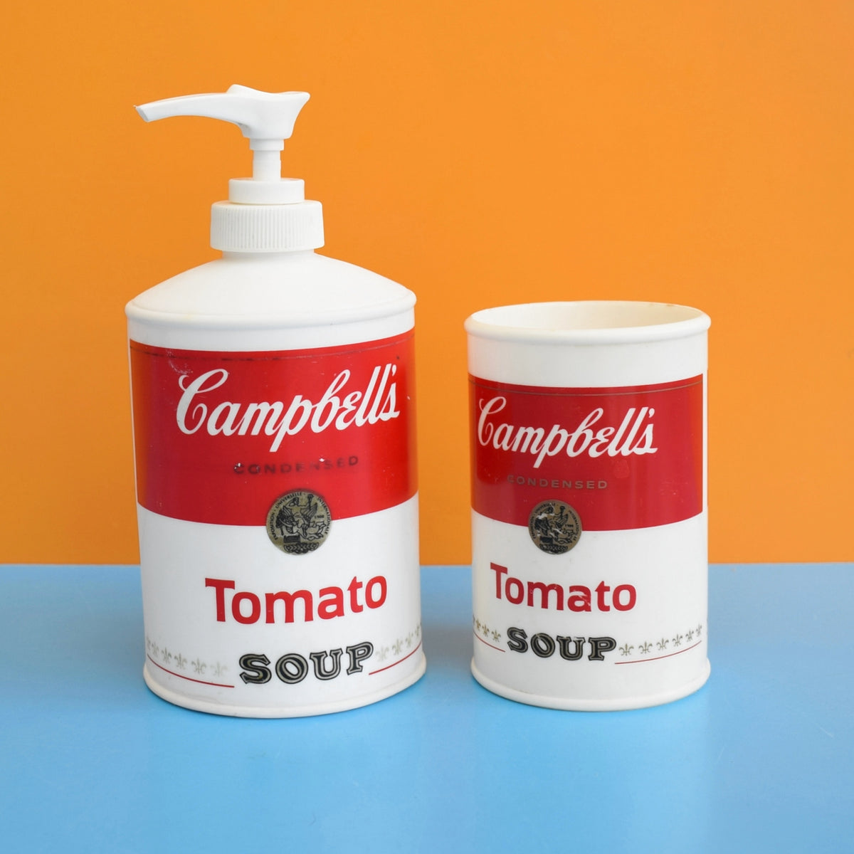 Vintage 1990s Soap Dispenser & Toothbrush Cup - Campbells Soup - Pop Art by Pineapple Retro