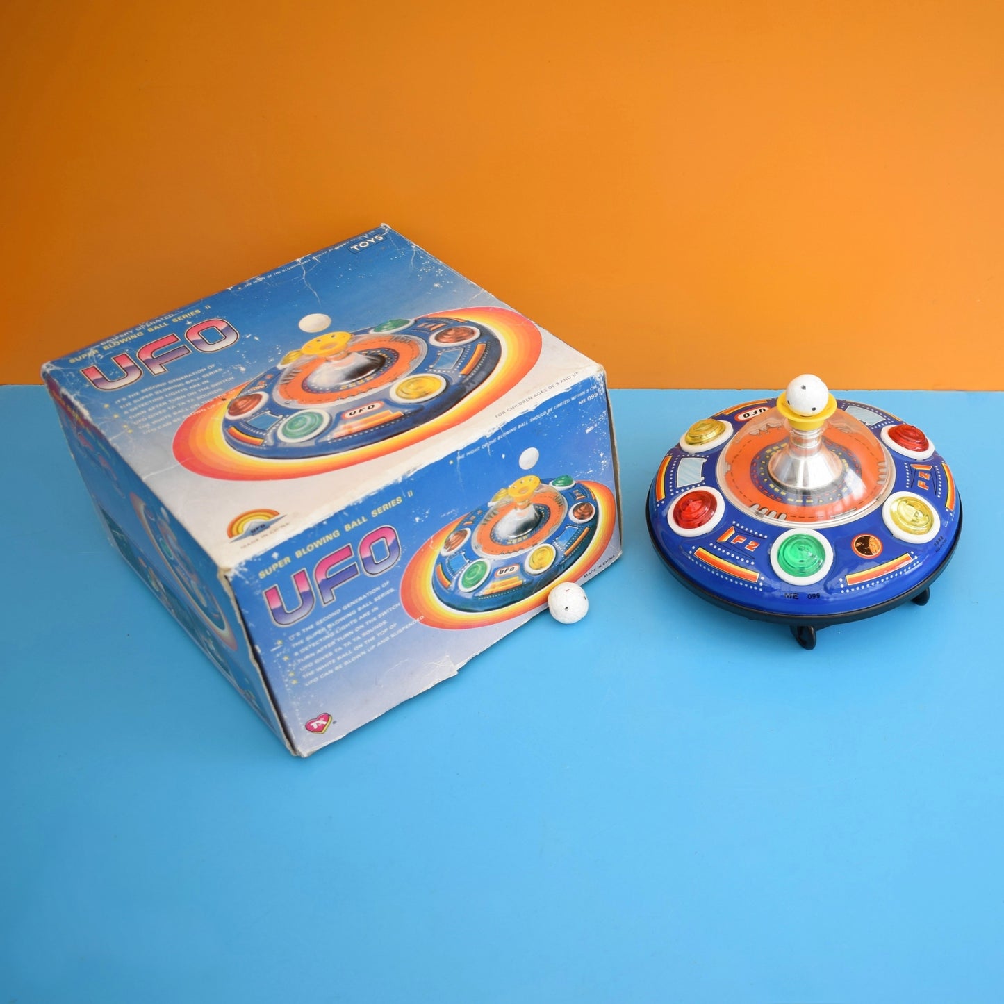 Vintage 1970s Blowing Ball UFO Tin Plate Toy - Battery Operated - Boxed .
