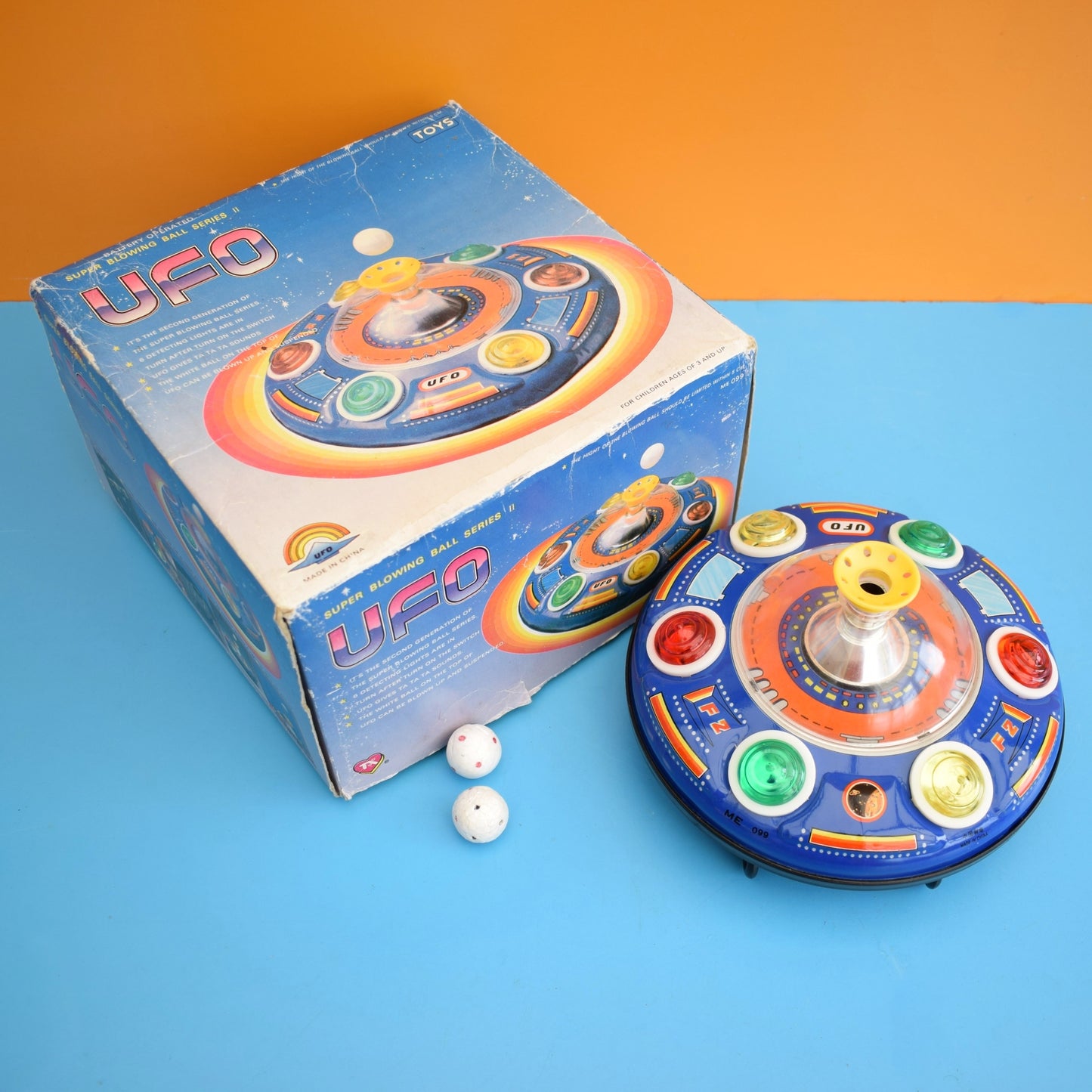 Vintage 1970s Blowing Ball UFO Tin Plate Toy - Battery Operated - Boxed .