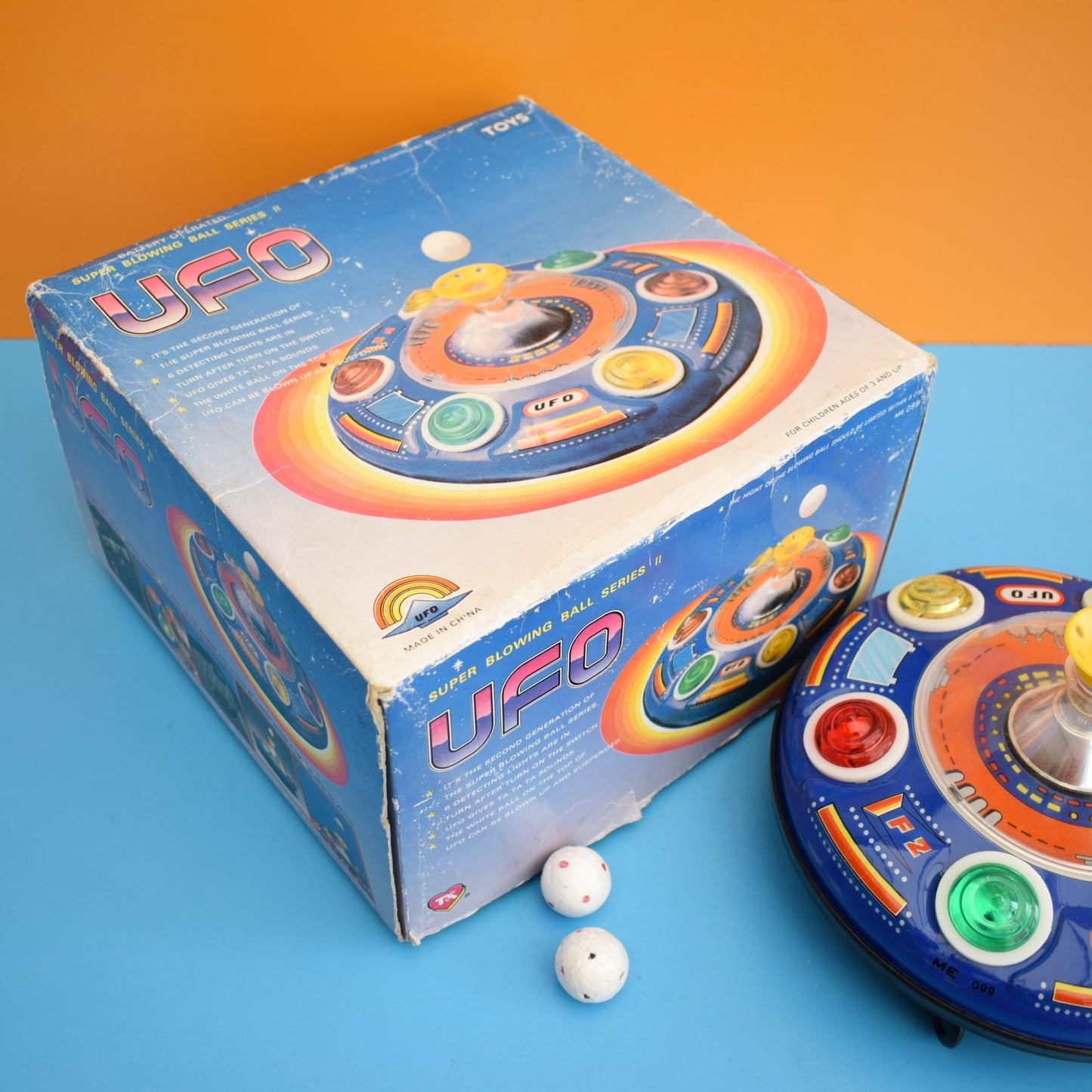 Vintage 1970s Blowing Ball UFO Tin Plate Toy - Battery Operated - Boxed .