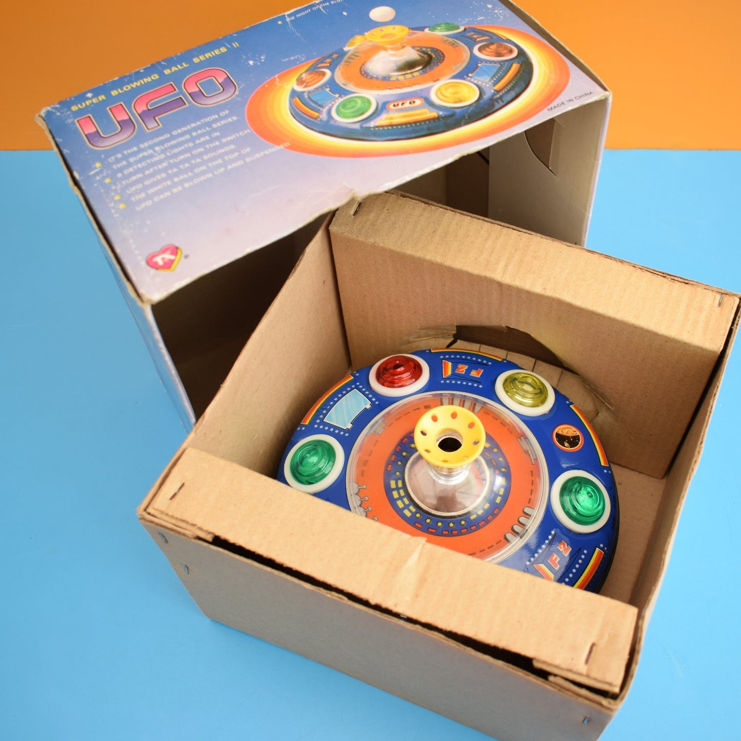 Vintage 1970s Blowing Ball UFO Tin Plate Toy - Battery Operated - Boxed .