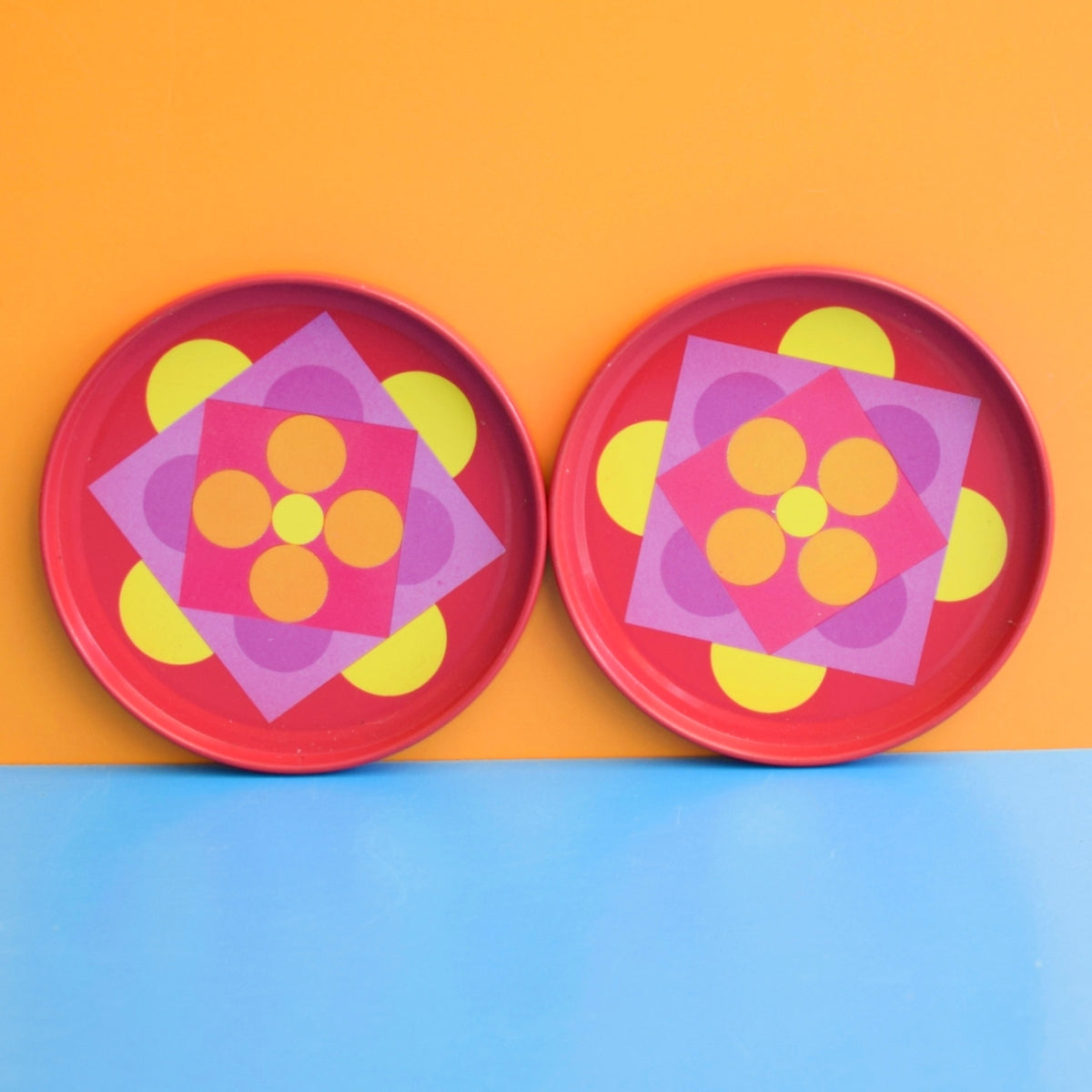 Vintage 1970s Geometric Metal Coasters x2 - Pink & Yellow by Pineapple Retro