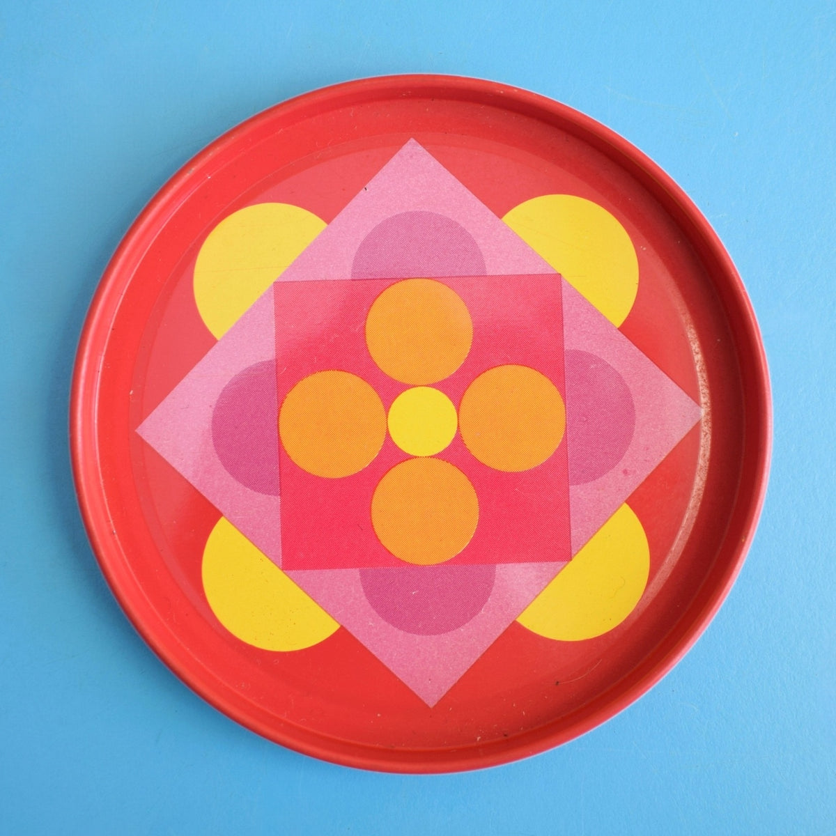 Vintage 1970s Geometric Metal Coasters x2 - Pink & Yellow by Pineapple Retro