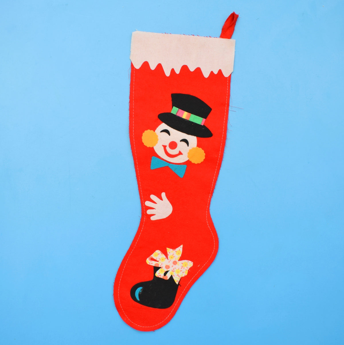 Vintage 1970s Felt Christmas Stocking - Red - Clown/Snowman by Vintage