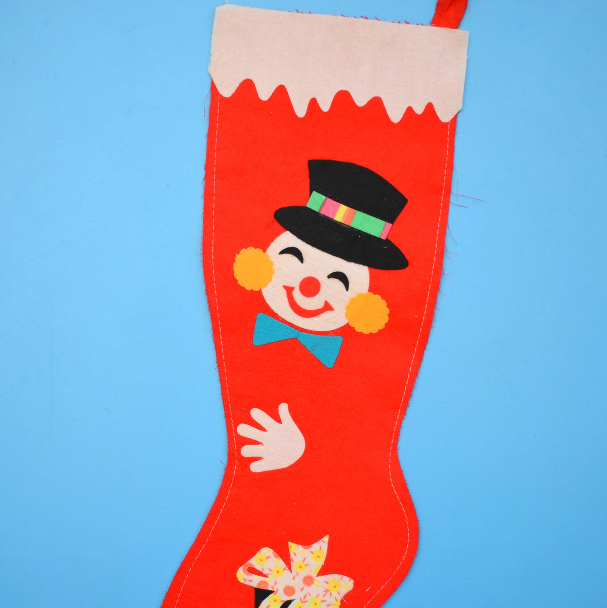Vintage 1970s Felt Christmas Stocking - Red - Clown/Snowman by Vintage