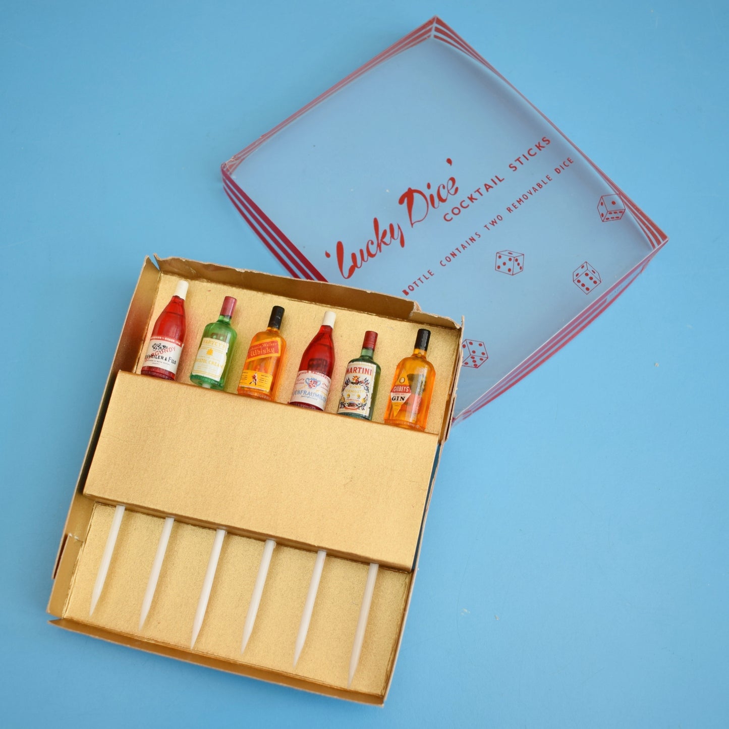 Vintage 1950s Cocktail Sticks - Lucky Dice - Mini Bottles With Dice Inside