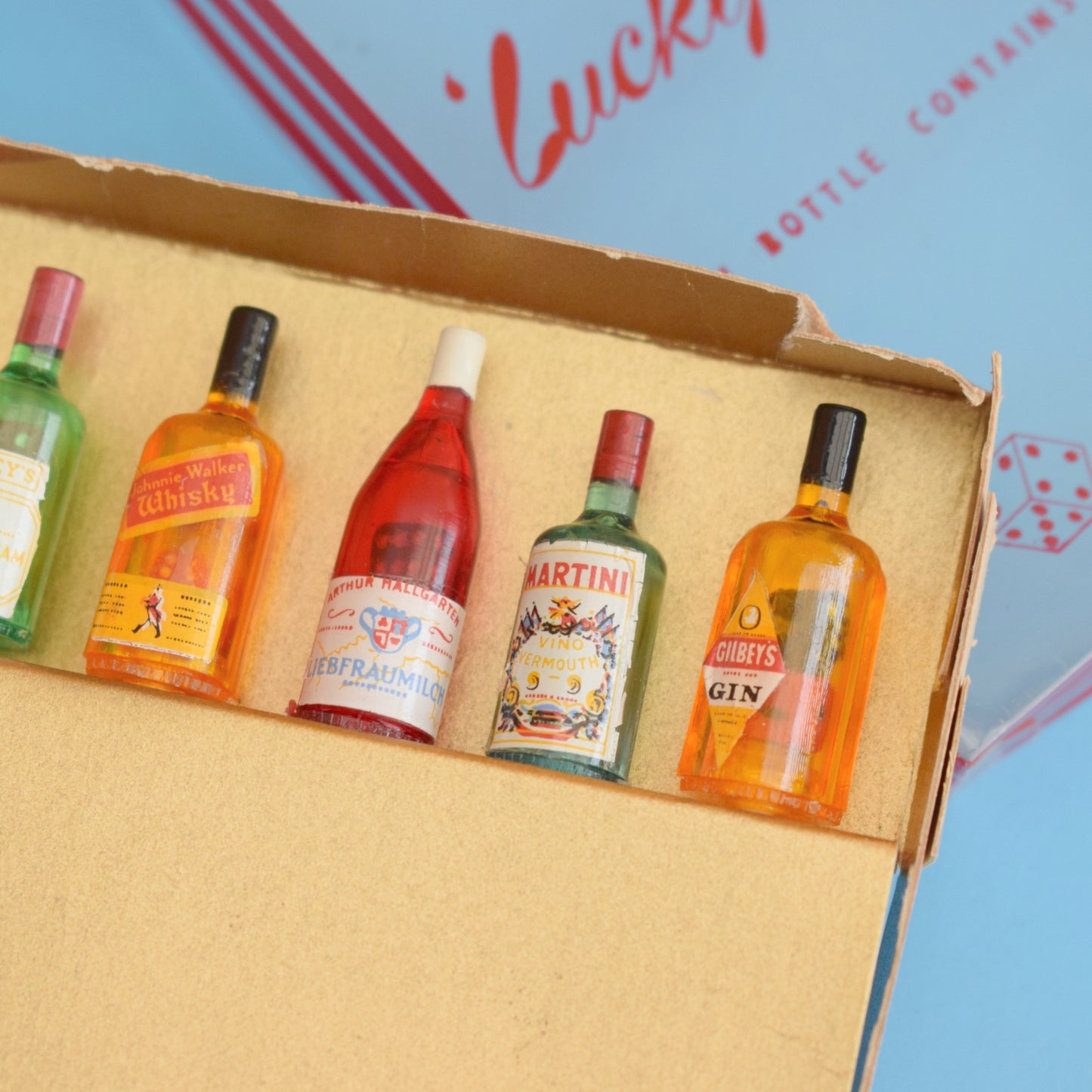 Vintage 1950s Cocktail Sticks - Lucky Dice - Mini Bottles With Dice Inside