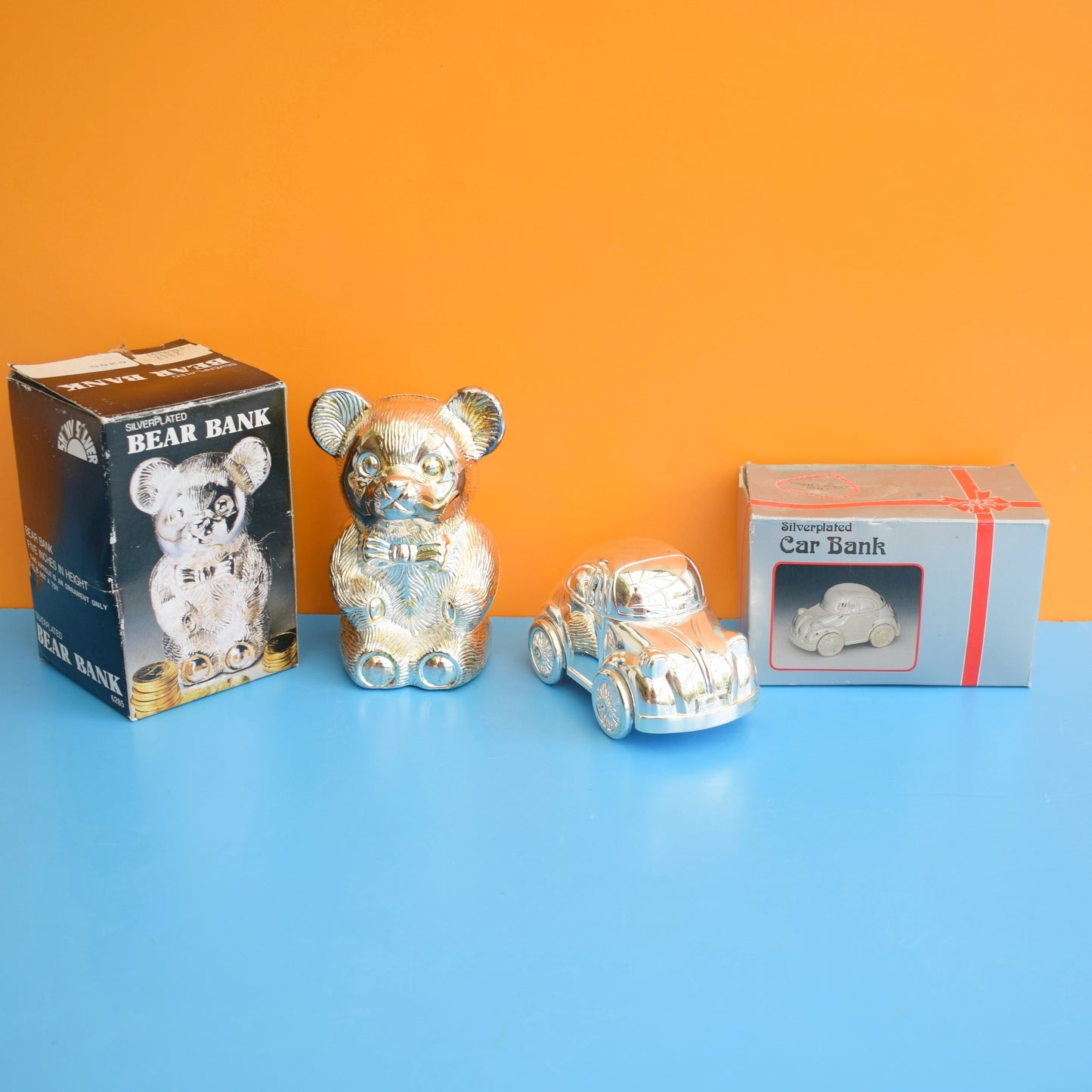 Vintage 1990s Kitsch Boxed Silver Plated Money Boxes