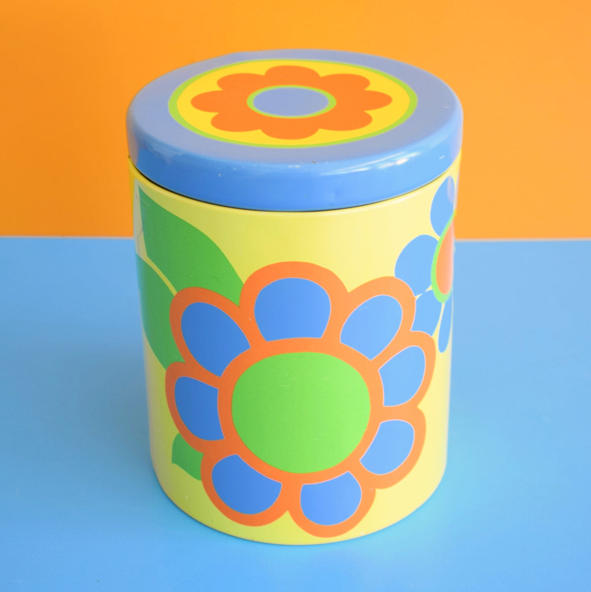Vintage 1970s Flower Power Tin - Blue & Yellow - St Michaels by Pineapple Retro