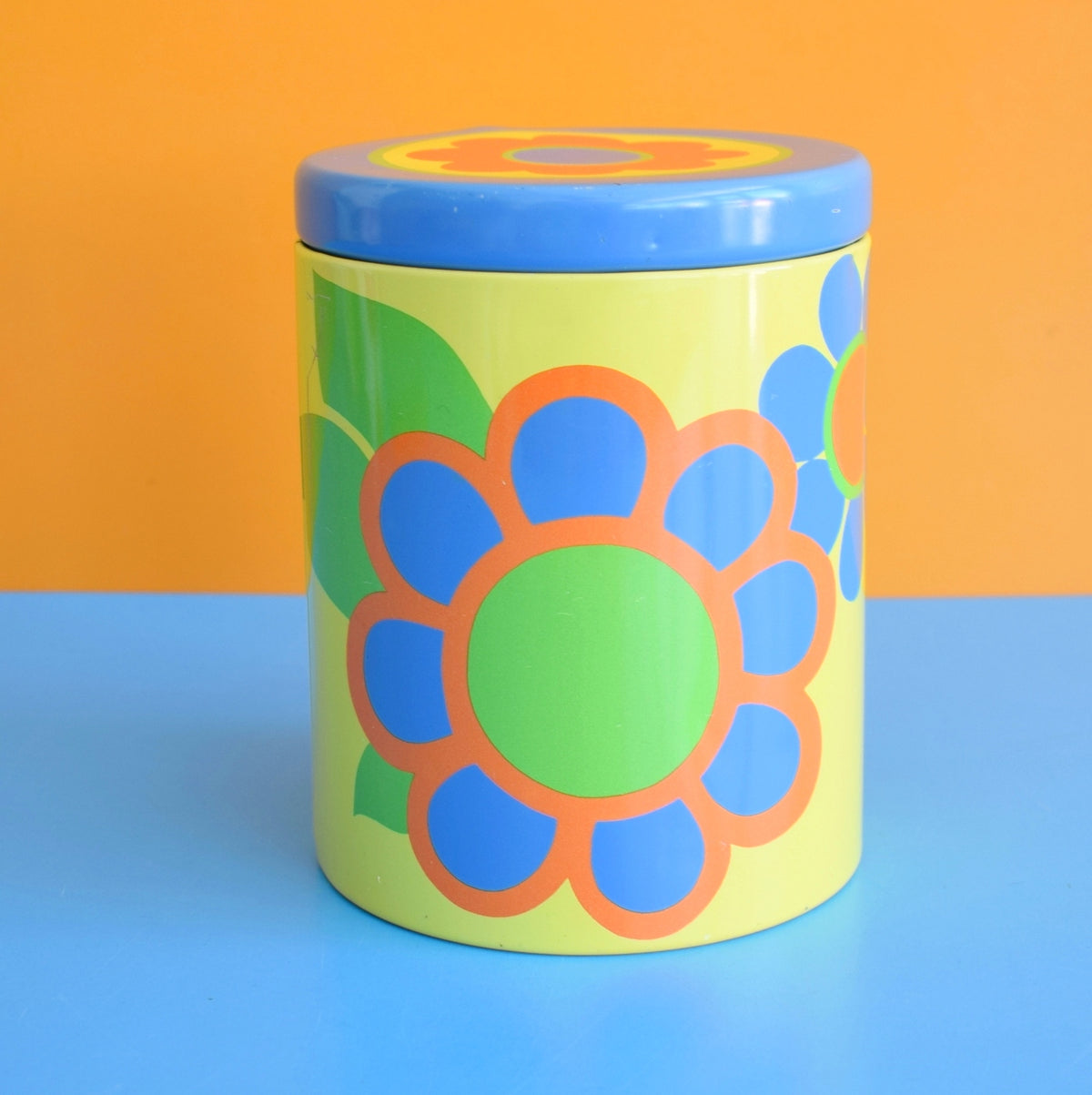 Vintage 1970s Flower Power Tin - Blue & Yellow - St Michaels by Pineapple Retro