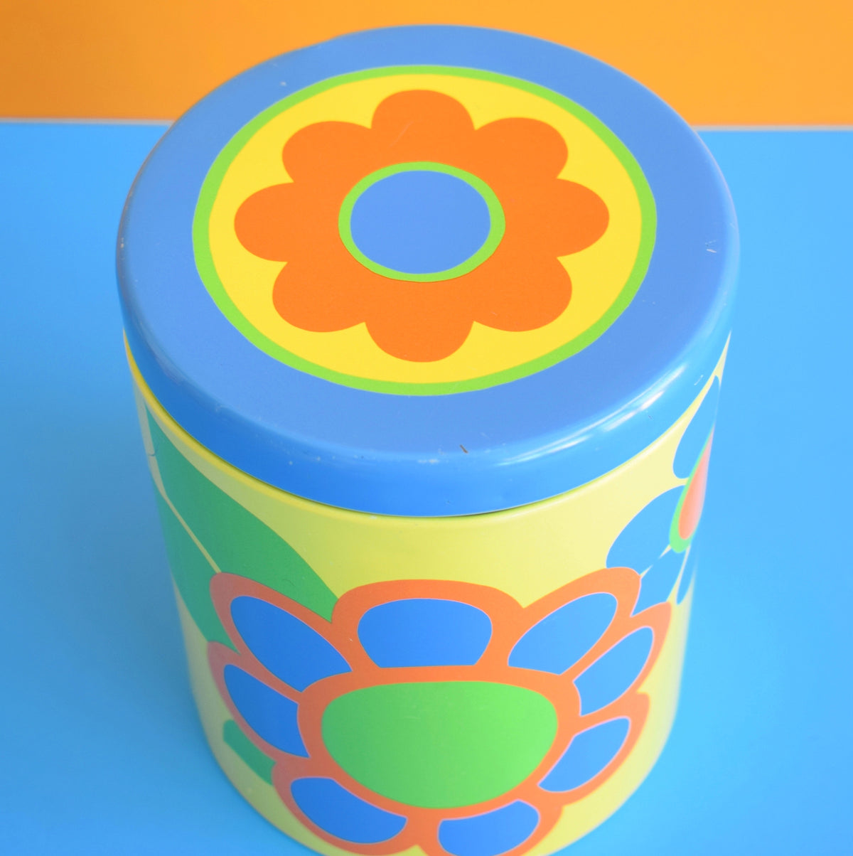 Vintage 1970s Flower Power Tin - Blue & Yellow - St Michaels by Pineapple Retro