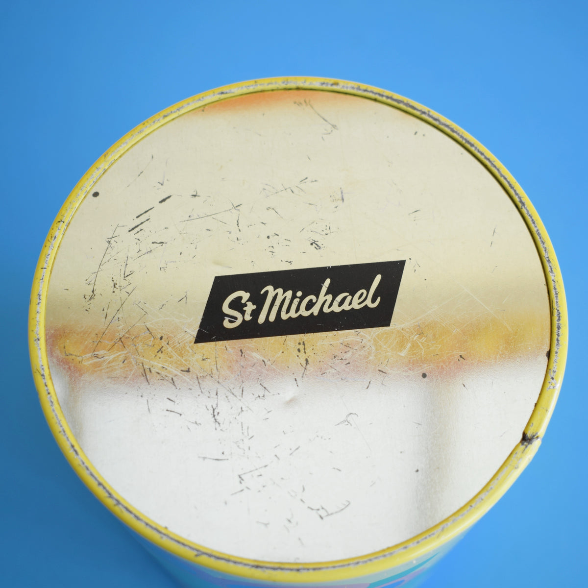 Vintage 1970s Flower Power Tin - Blue & Yellow - St Michaels by Pineapple Retro