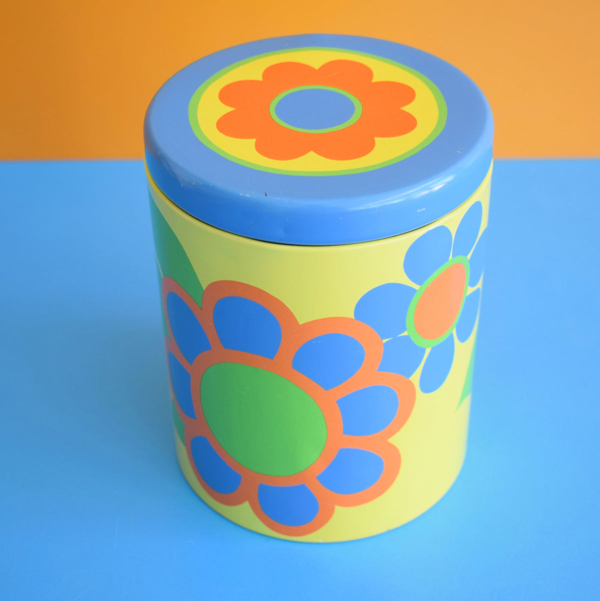 Vintage 1970s Flower Power Tin - Blue & Yellow - St Michaels by Pineapple Retro