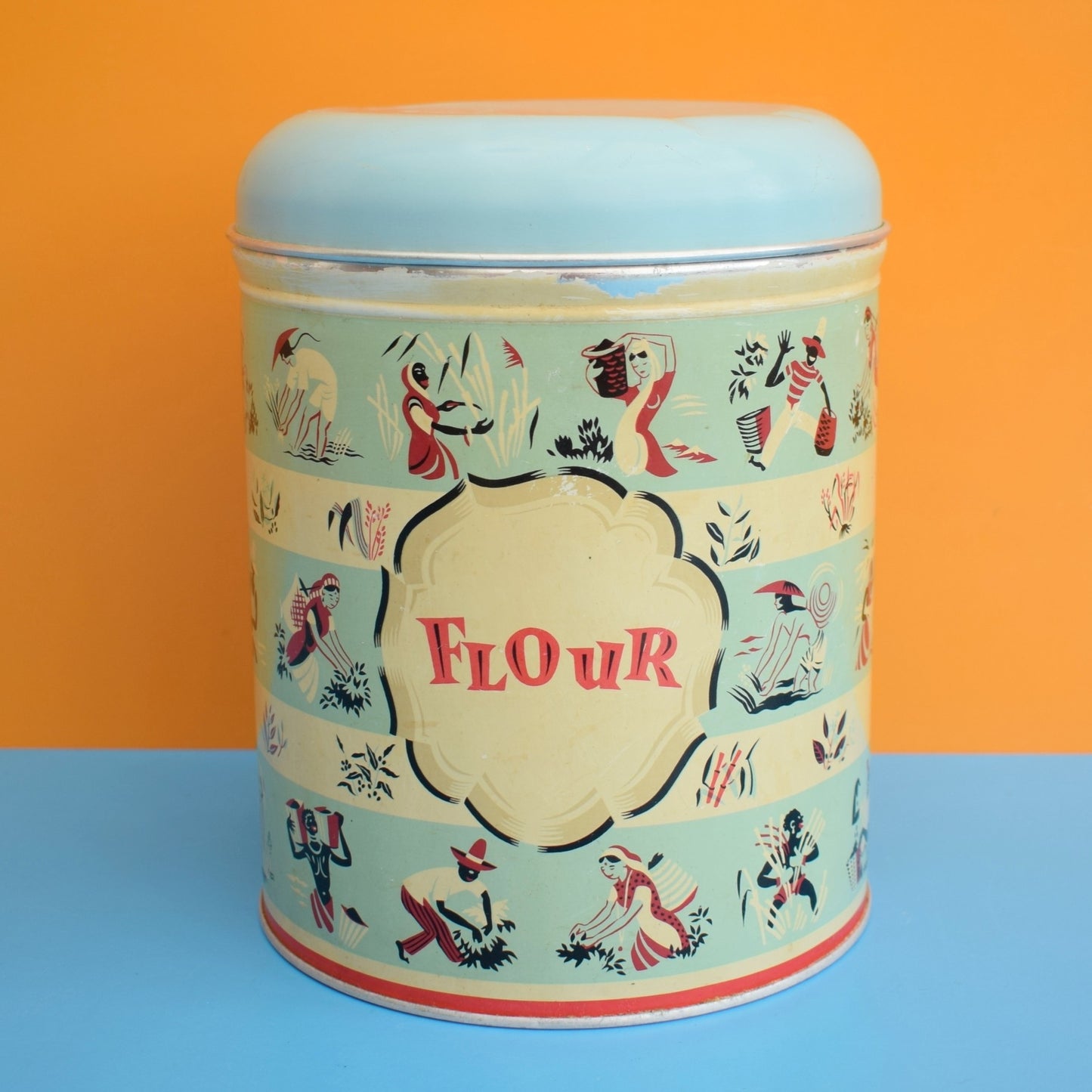 Vintage 1950s flour Tin - Worcester Ware - Tea Pickers Pattern