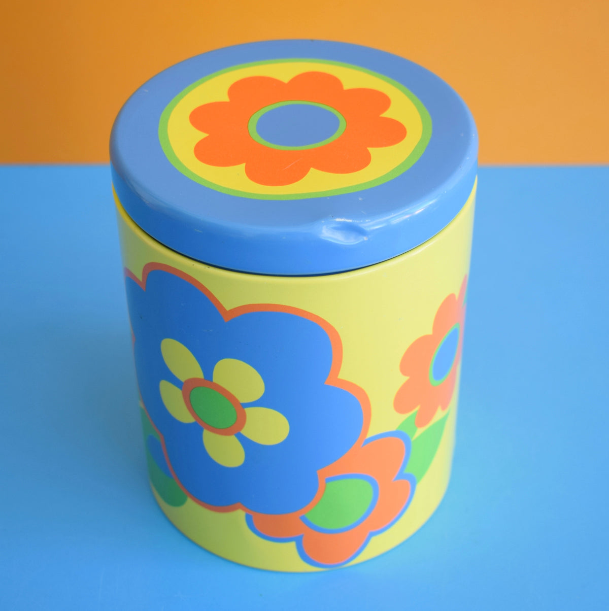 Vintage 1970s Flower Power Tin - Blue & Yellow - St Michaels by Pineapple Retro