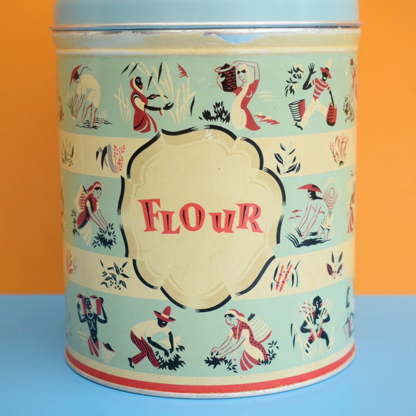 Vintage 1950s flour Tin - Worcester Ware - Tea Pickers Pattern