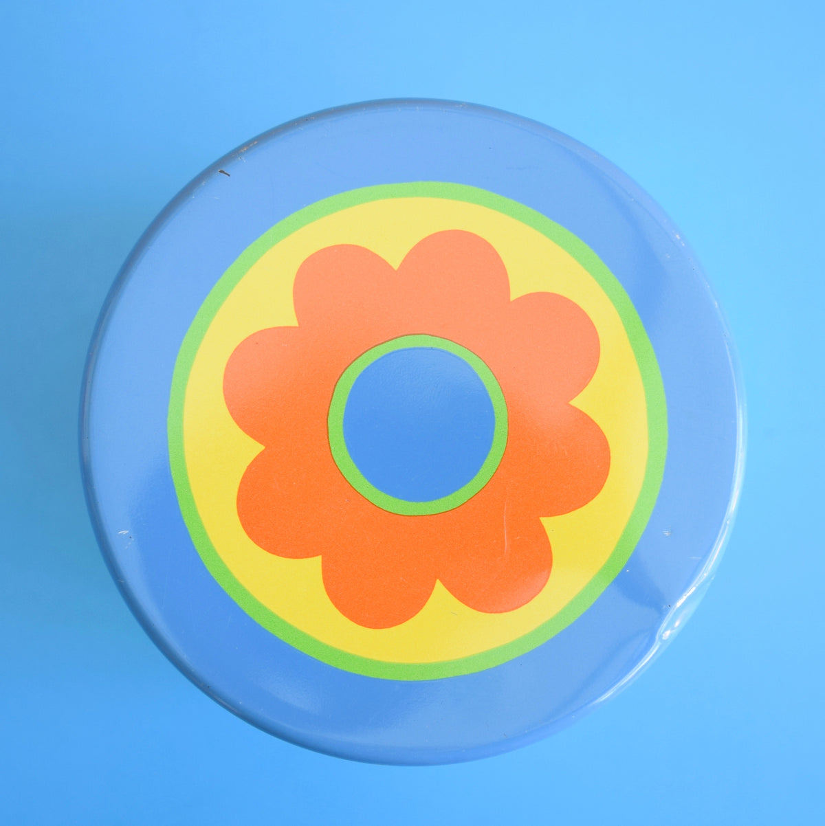 Vintage 1970s Flower Power Tin - Blue & Yellow - St Michaels by Pineapple Retro