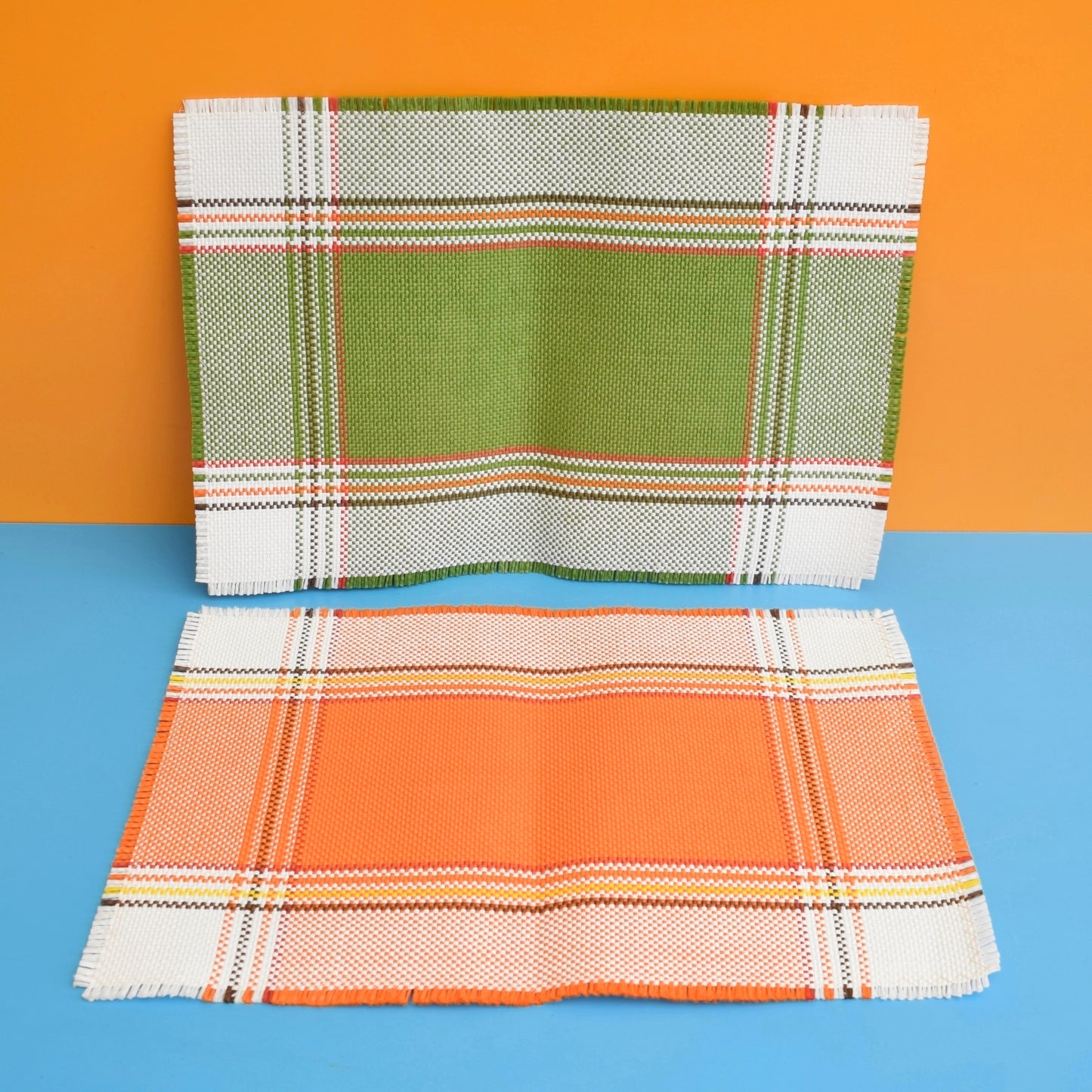 Vintage 1960s Woven Placemats- Orange & Green x2