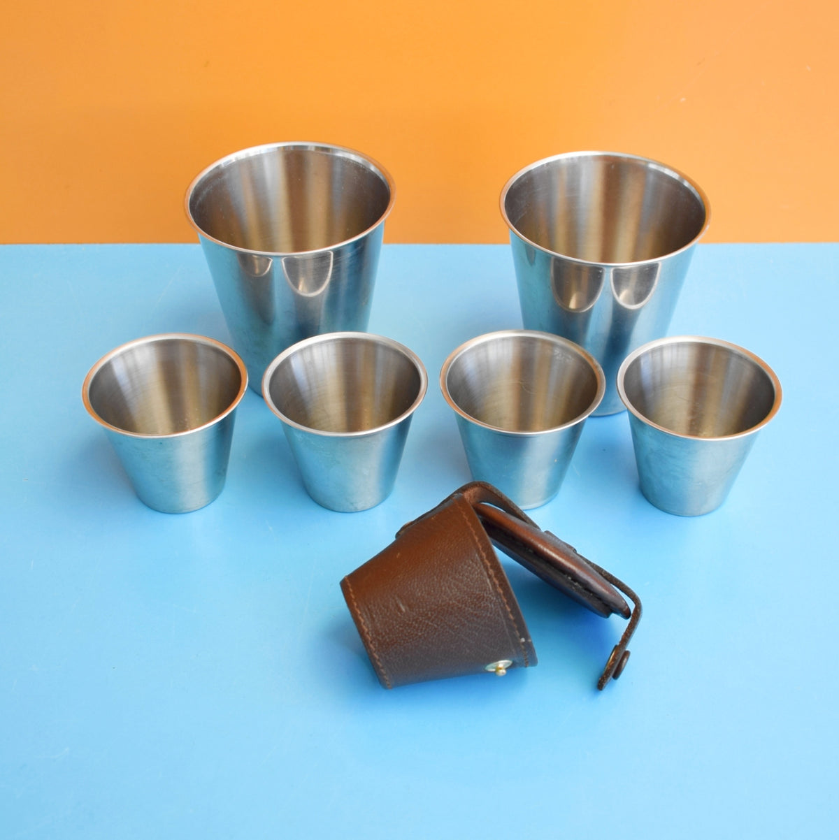 Vintage 1960s Stainless Cups / Leather Case - Denmark / Sweden by Vintage