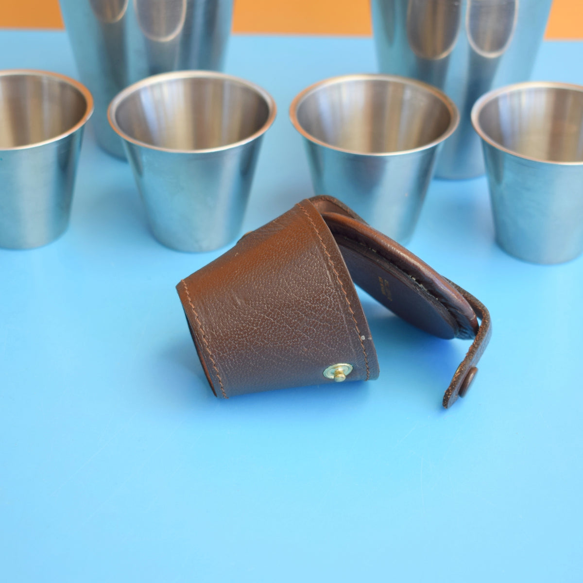 Vintage 1960s Stainless Cups / Leather Case - Denmark / Sweden by Vintage