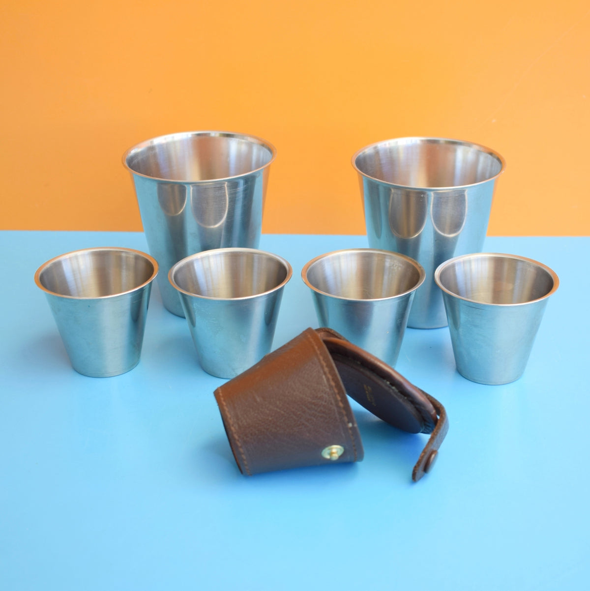 Vintage 1960s Stainless Cups / Leather Case - Denmark / Sweden by Vintage