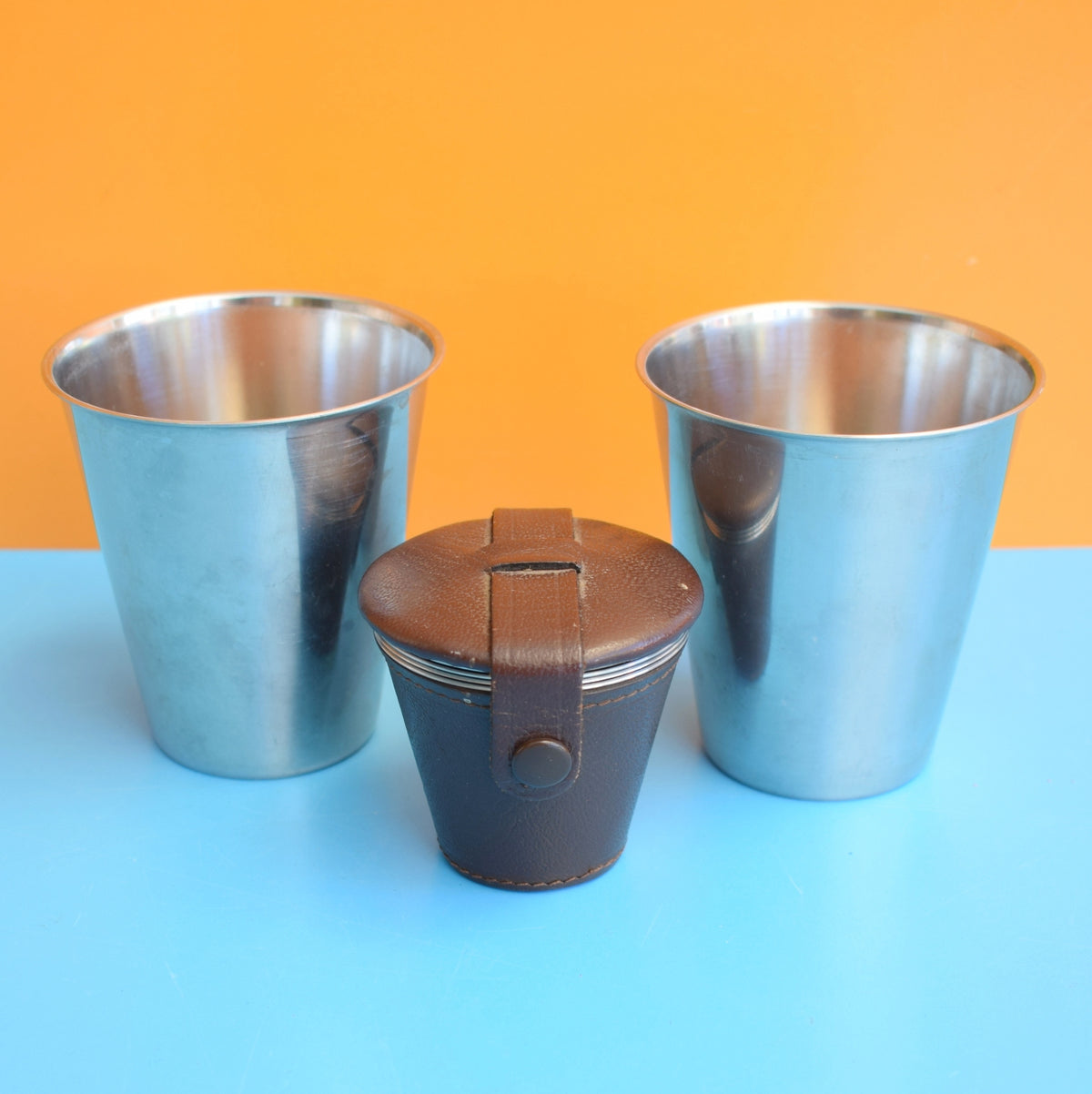 Vintage 1960s Stainless Cups / Leather Case - Denmark / Sweden by Vintage