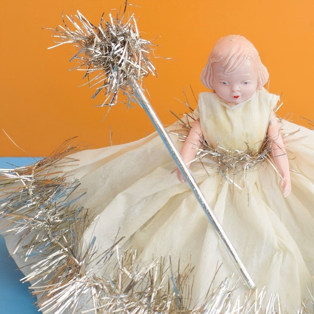 Vintage 1950s Christmas Fairy Angel Tree Topper - Handmade Crepe Dress by Vintage