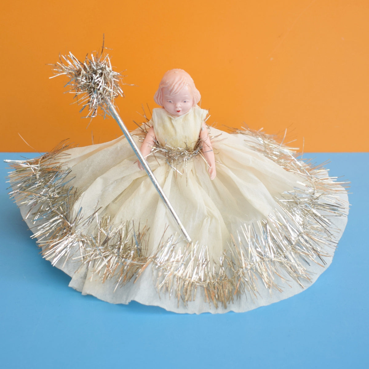 Vintage 1950s Christmas Fairy Angel Tree Topper - Handmade Crepe Dress by Vintage