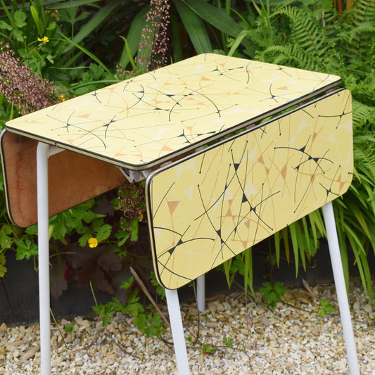 Vintage 1950s Drop Leaf Formica Table - Yellow - Atomic Print