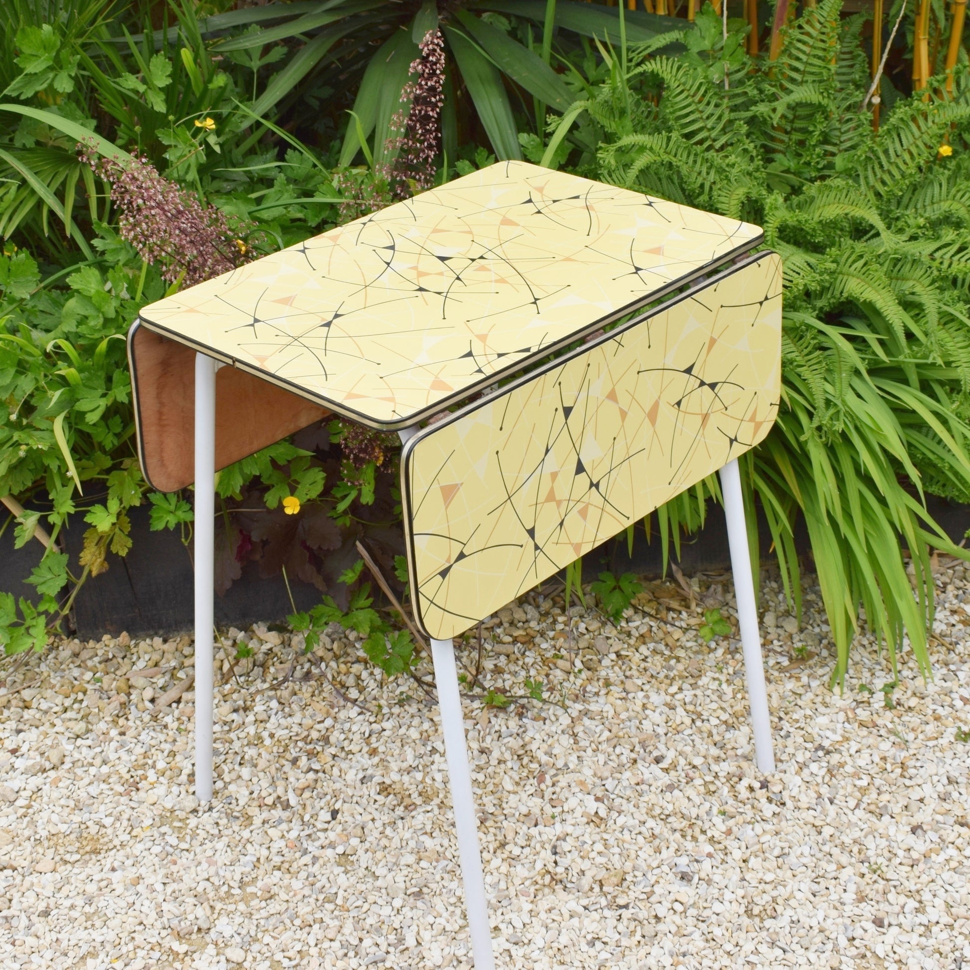 Vintage 1950s Drop Leaf Formica Table Yellow Atomic Print