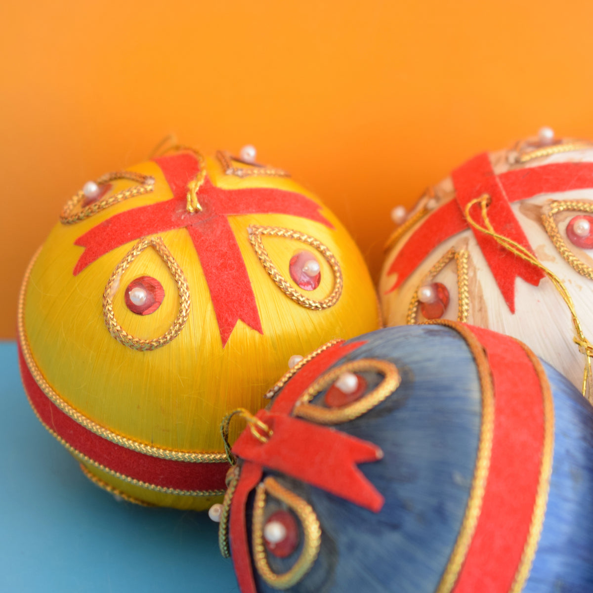 Vintage 1970s Satin Christmas Baubles - Gold Braid by Pineapple Retro