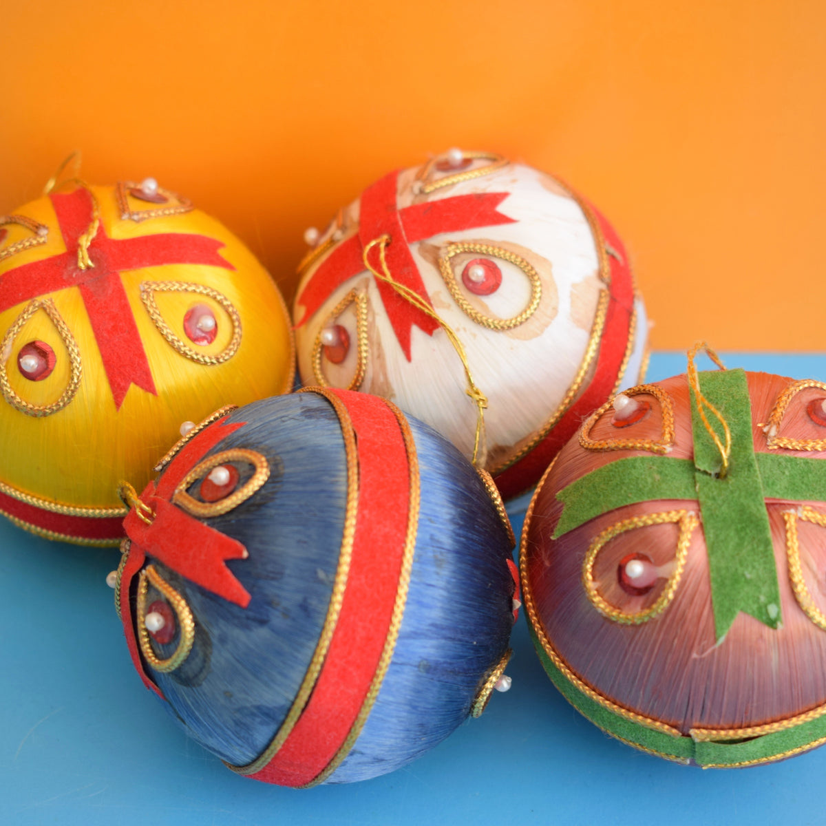 Vintage 1970s Satin Christmas Baubles - Gold Braid by Pineapple Retro