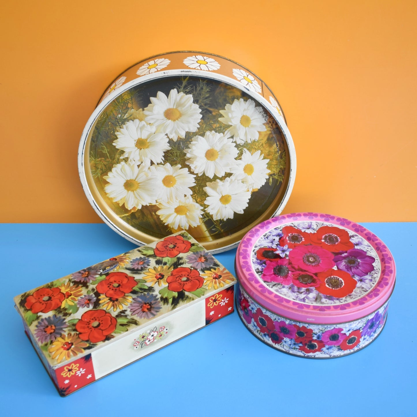 Vintage 1960s Metal Flower Tins - Flower Power