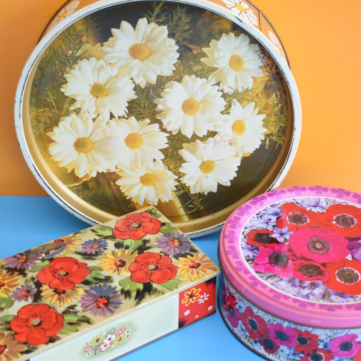 Vintage 1960s Metal Flower Tins - Flower Power