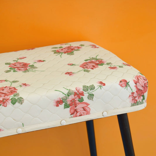 Vintage 1950s Quilted Vinyl Rose Print Stool - Pink