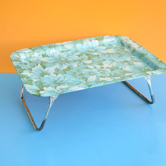 Vintage 1960s Metal Tray Table - Turq / Green Flowers