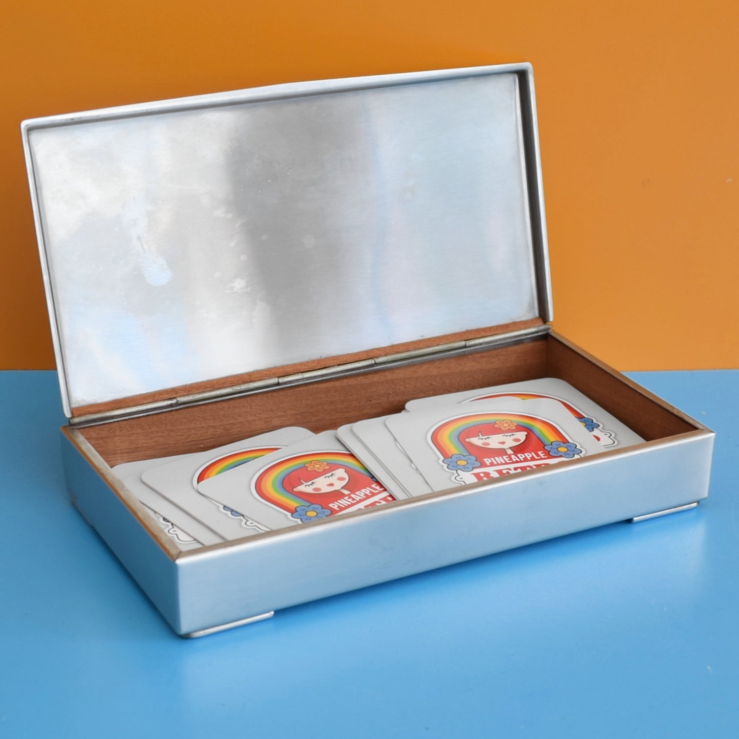 Vintage 1970s Stainless Steel / Wood Cigar / Cigarette Box / Storage - Danish