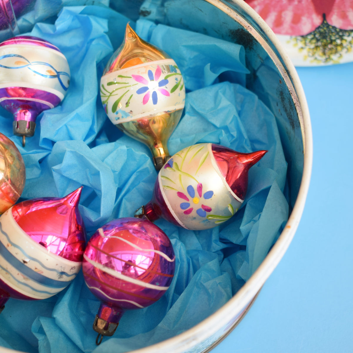 Vintage 1950s Glass Christmas Baubles - Smaller In Flower Tin - Pinks by Pineapple Retro