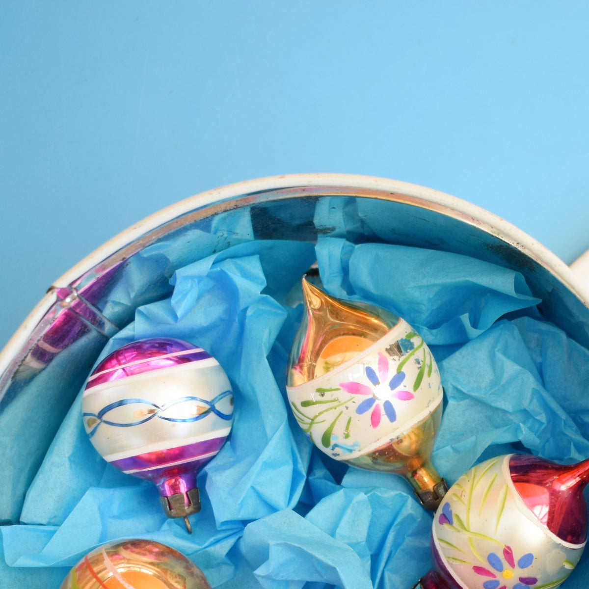 Vintage 1950s Glass Christmas Baubles - Smaller In Flower Tin - Pinks by Pineapple Retro